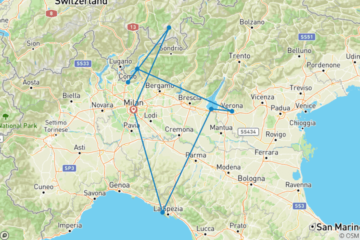 Carte du circuit Moritz, lac de Côme, Bellagio, Vérone, Sirmione et Cinque Terre - 6 jours