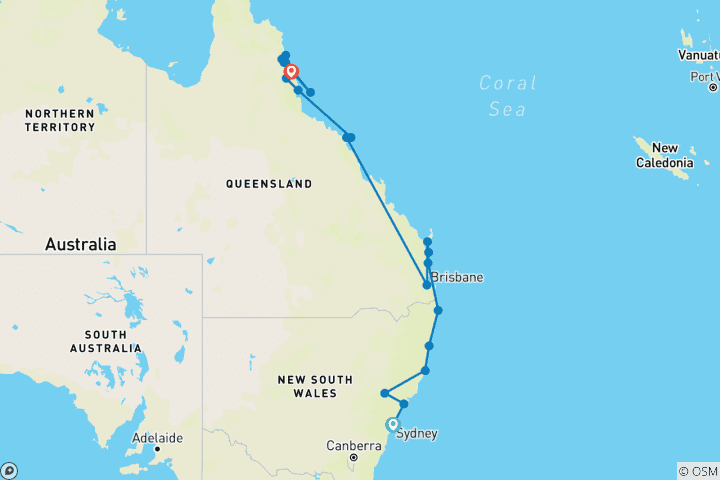 Carte du circuit 16 jours - Le meilleur de la côte est de l'Australie - Circuit confortable en petit groupe (de Sydney à Daintree)