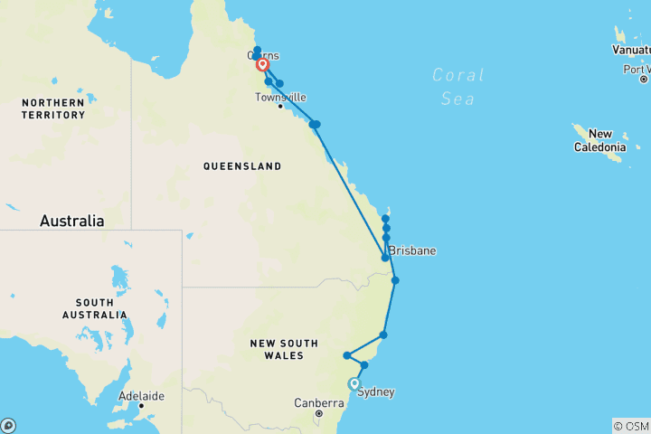 Carte du circuit 16 jours - Best of East Coast Australia Comfort Tour au départ de Sydney