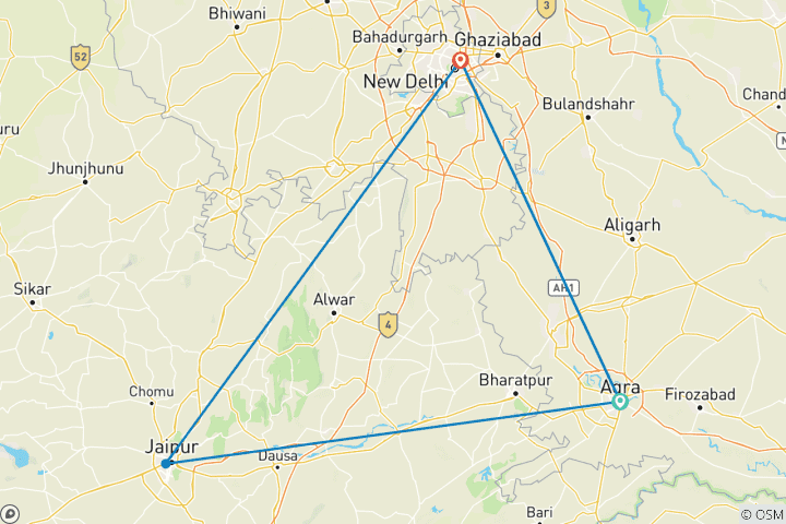 Mapa de Tour privado de 3 días por el Triángulo de Oro de la India desde Nueva Delhi con el amanecer del Taj Mahal