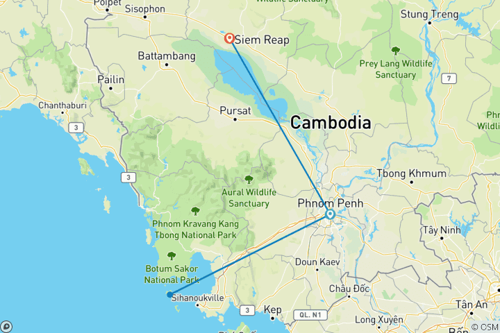 Carte du circuit 9 jours d'aventure au Cambodge