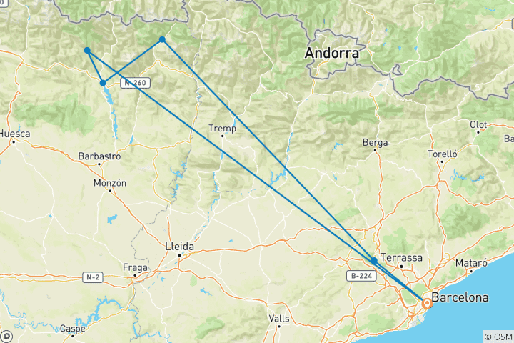 Carte du circuit Aventure de randonnée en voiture dans les Pyrénées espagnoles 7 jours