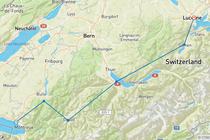 Carte du circuit Vacances à vélo Route des lacs Vevey - Lucerne