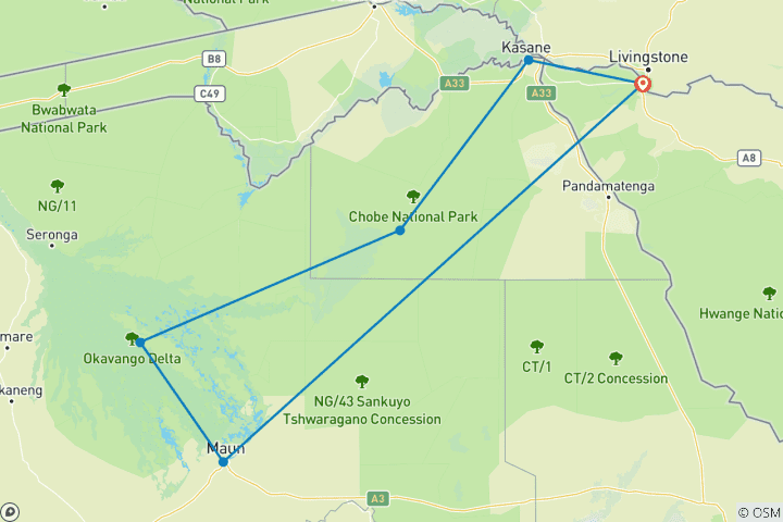 Map of Botswana Highlights (including Kasane)