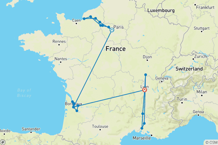 Map of Gems of the Seine, Beautiful Bordeaux & Spectacular South of France 2026 - 31 Days (from Paris to Lyon)