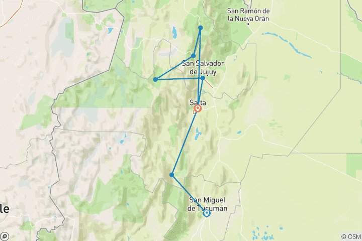 Kaart van Argentinië: Tucumán, Salta, Jujuy, Cafayate, Purmamarca, Humahuaca - 8 dagen