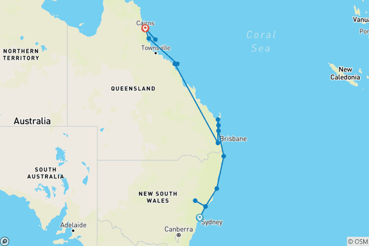 Map of 14 Days Sydney to Cairns with Fraser Island Whitsundays Comfort Tour