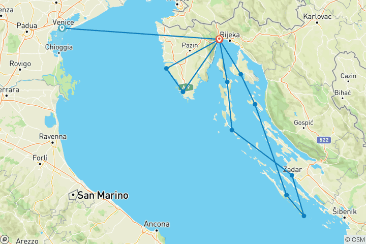 Carte du circuit ODYSSÉE DE L'ÉQUATEUR de VENISE à OPATIJA
