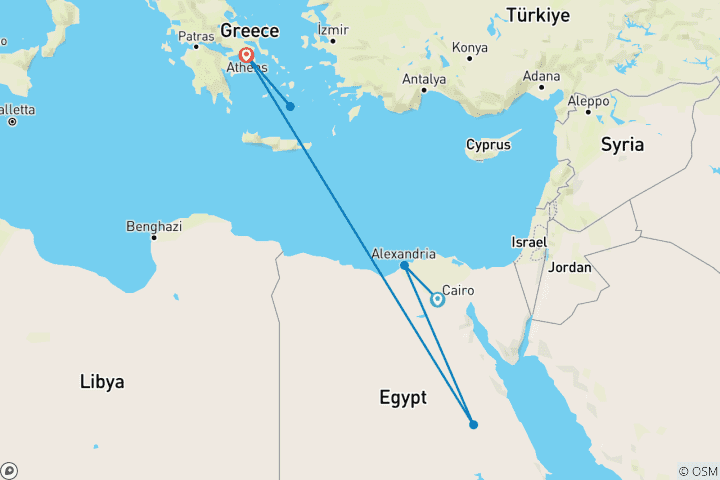 Carte du circuit Des pyramides aux couchers de soleil de Santorin : 13 jours en Égypte et en Grèce avec croisière 5 étoiles sur le Nil et repas