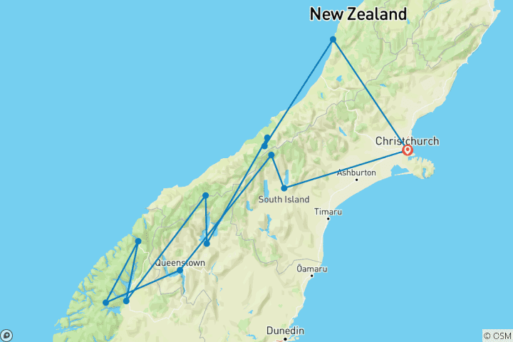 Carte du circuit Circuit épique en petit groupe de randonnée et de marche sur l'île du Sud