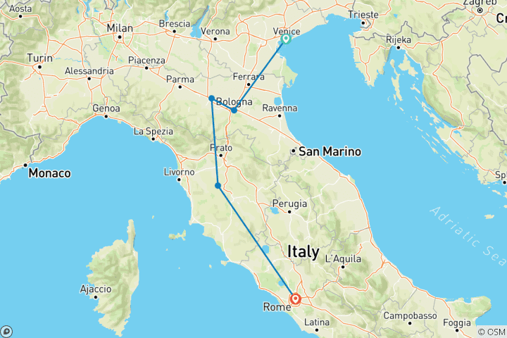 Carte du circuit Aventure gastronomique en Italie (10 destinations)