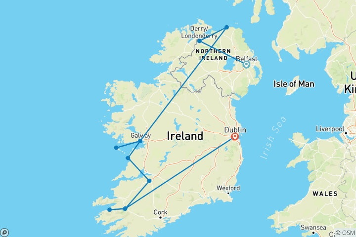 Map of Northern & Southern Ireland (from Belfast to Dublin)