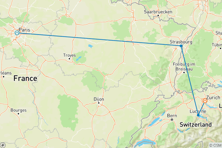Carte du circuit France et Suisse en 8 jours : Paris, Strasbourg, Zurich et Lucerne