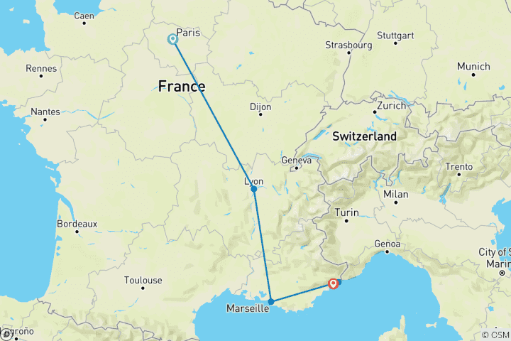 Carte du circuit Paris, Lyon, Marseille et Nice en 10 jours