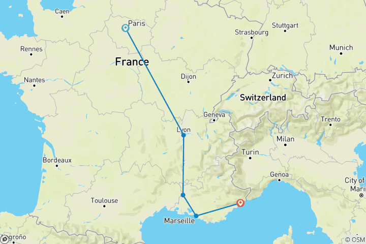 Carte du circuit Paris Lyon Avignon Marseille et Nice en 12 jours
