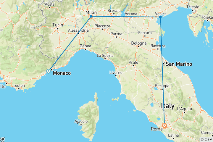 Carte du circuit 9 jours d'aventure à Nice, Milan, Venise et Rome