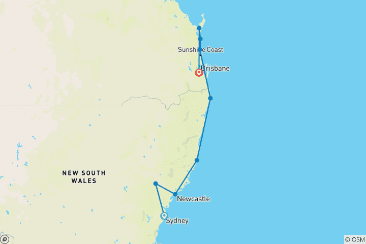 Carte du circuit 8 jours de Sydney à Brisbane avec Fraser Island Comfort Tour