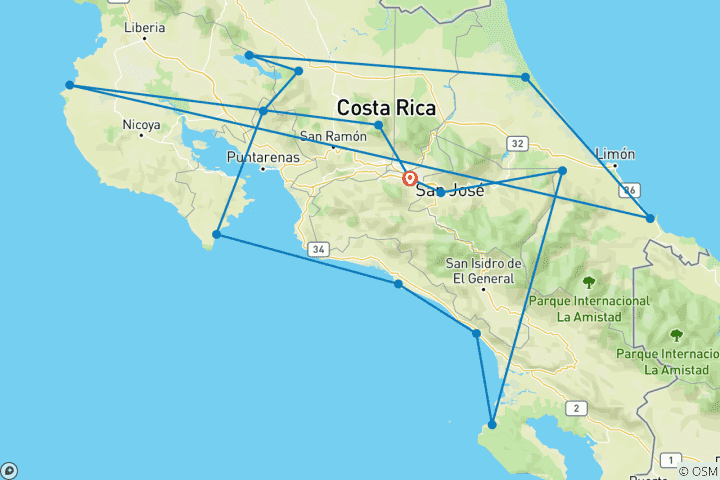 Carte du circuit Costa Rica en autotour 14 jours Aventures et activités diverses