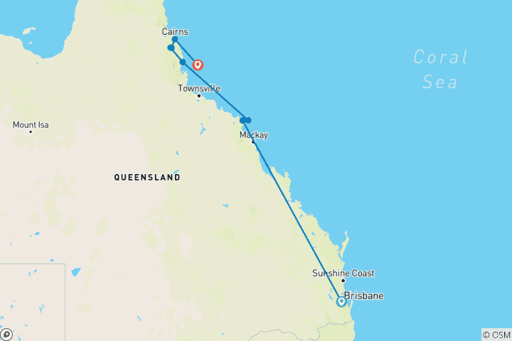 Map of 7 Day Brisbane to Cairns with Whitsundays Great Barrier Reef Comfort Tour