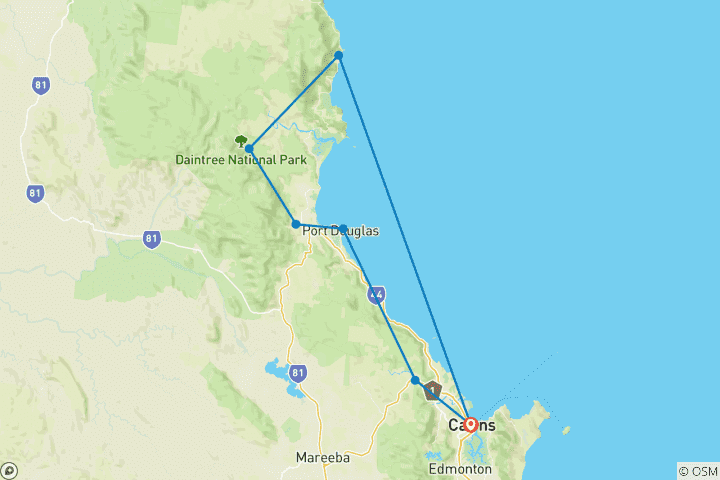 Karte von Cairns nach Port Douglas Daintree Regenwald & Cape Tribulation - 3 Tage