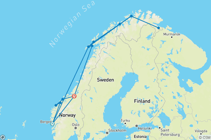 Carte du circuit Havila Voyages Bergen-Kirkenes-Trondheim