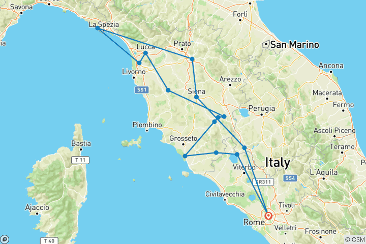 Map of 6 Day Florence, Pisa & the Coastal Charms of Italy from Rome