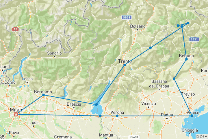 Carte du circuit 6 jours - Les joyaux du nord de l'Italie : Venise et les Dolomites au départ de Milan