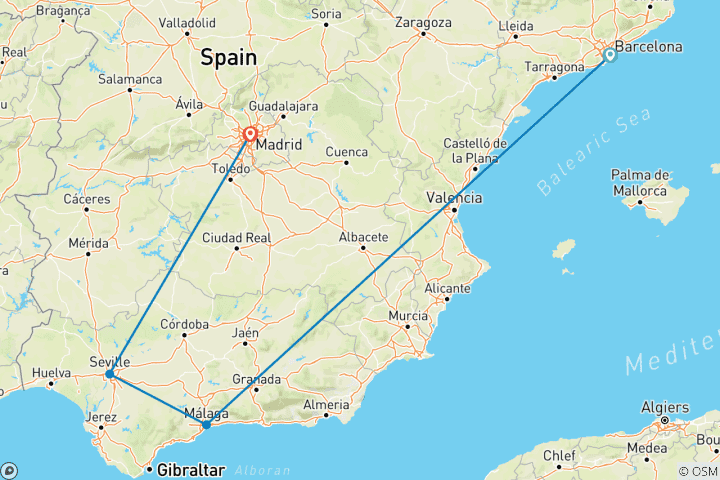 Carte du circuit Explorez les joyaux de l'Espagne : Barcelone, Malaga, Séville et Madrid