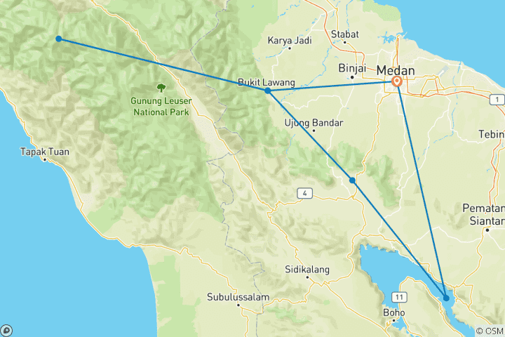Carte du circuit Aventure à Sumatra (14 destinations)