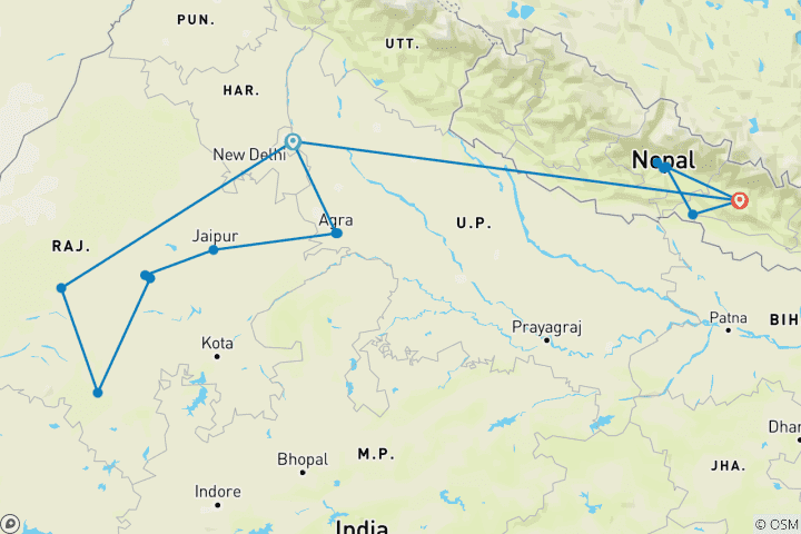Map of India Nepal Expedition 18 Day - One Life Adventures