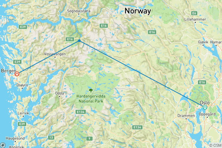 Carte du circuit Points forts des Fjords (Oslo - Flåm - Bergen)