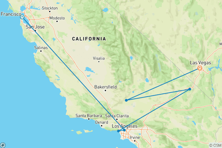 Carte du circuit 2 pour 1 USA : le road trip californien rencontre le Grand Canyon