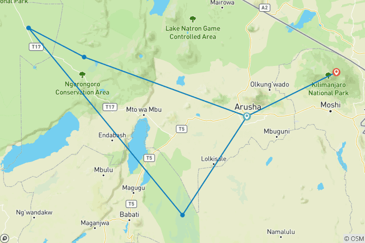 Mapa de Safari de 9 días y excursión de un día en la meseta Shira del Kilimanjaro