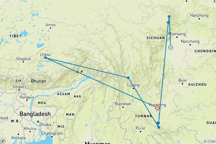 Map of Founders Tour – Terraces & Temples – A Path to Shangri La