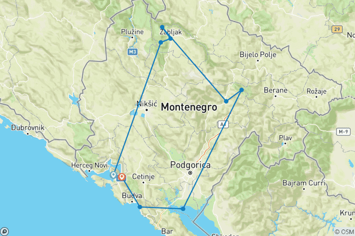 Map of Montenegro Road Trip Nature and Alpine Peaks 5 Days Adventure