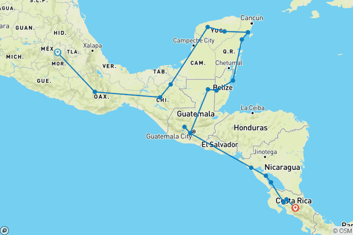Carte du circuit L'épopée de l'Amérique centrale (20 destinations)