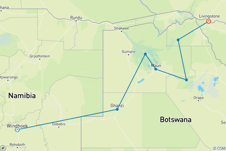Carte du circuit Aventure au Botswana (including Makgadikgadi Pans)