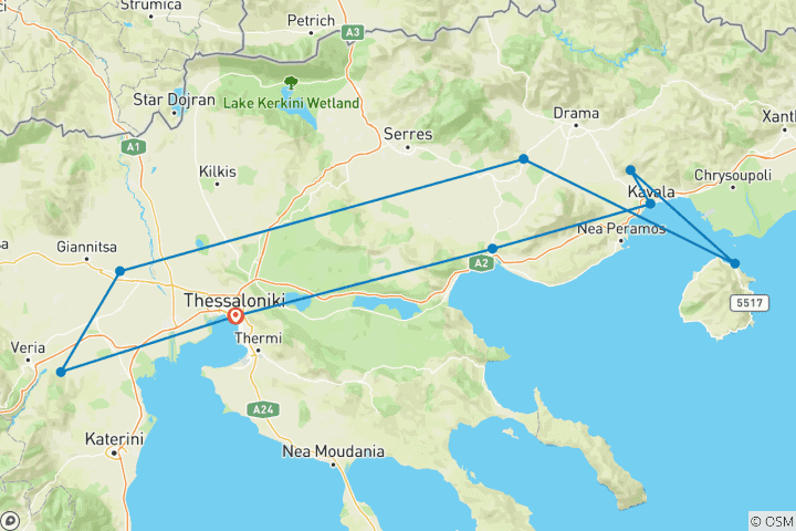 Carte du circuit Découverte de la Grèce, de la Macédoine et de la Thessalie en 10 jours au départ de Thessalonique. Circuit via l'île de Thasos, Kavala, Serres, Philippes, Aegae, Pella, Amphipolis.