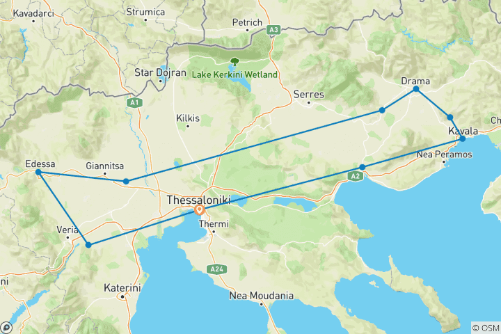 Carte du circuit Grèce Macédoine et Thessalie circuit découverte de 10 jours au départ de Thessalonique. Circuit via Amphipolis, Philippi, Kavala, Aegae, Pella, Edessa.