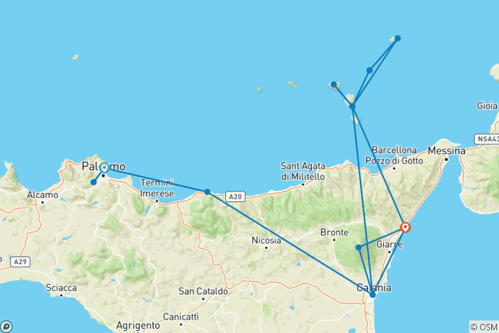 Map of Palermo, North Sicily & Aeolian Islands - 9 days