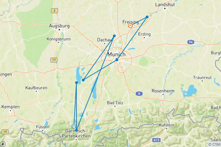 Karte von Der Ammer-Amper-Radweg in der sportlichen Variante mit Gepäcktransfer
