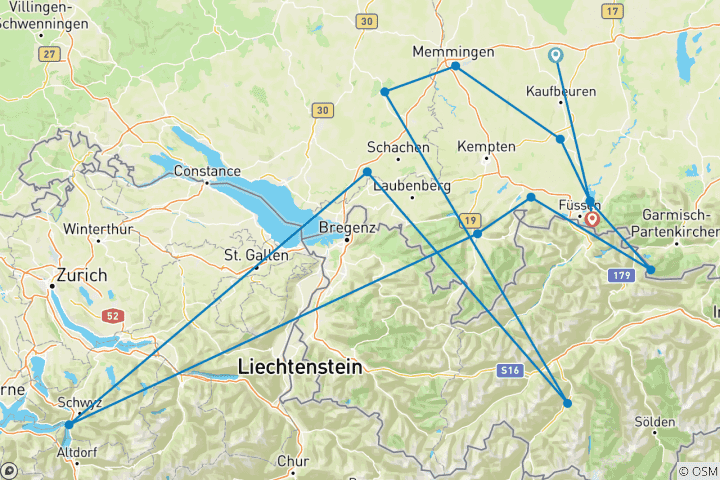 Kaart van Door de Allgäu tijdens de Allgäu Fietstocht: klassiek zonder bagagetransfer