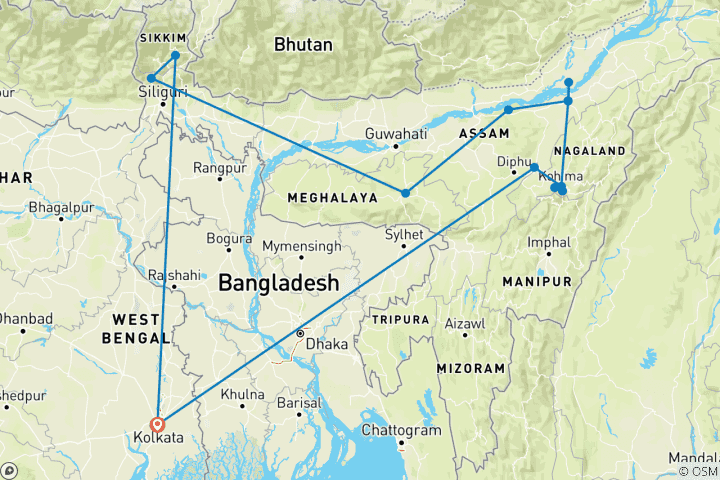 Carte du circuit Expédition en Inde : Sikkim, Assam et Nagaland (14 destinations)