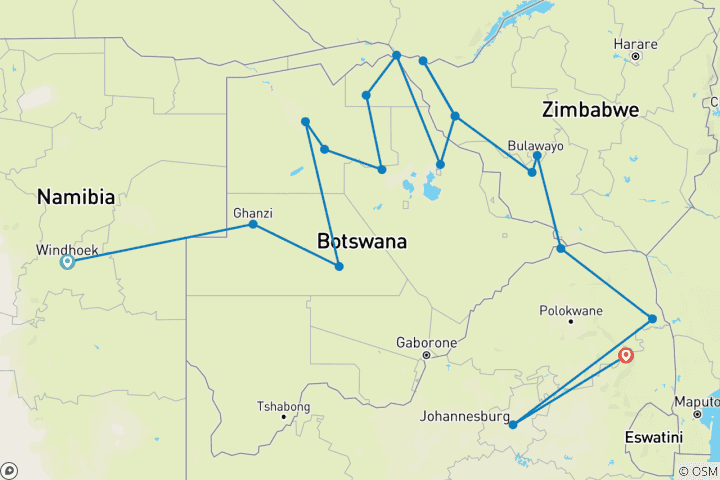 Carte du circuit Points forts de l'Afrique australe (from Windhoek to Les nids-de-poule de Bourke)