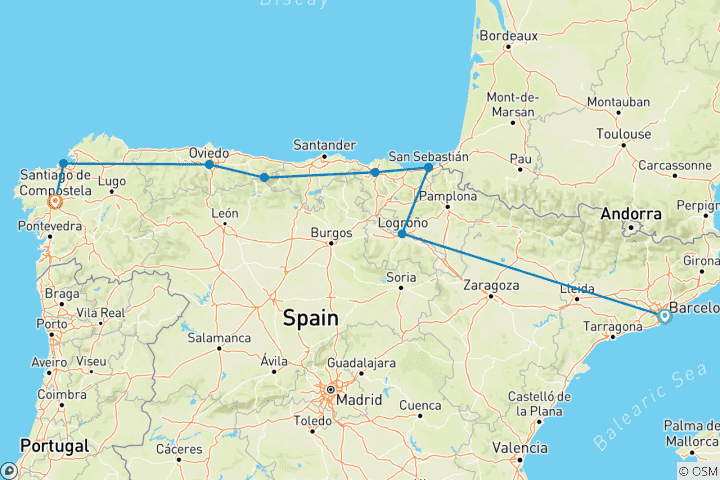 Map of Northern Spain Real Food Adventure (8 destinations)