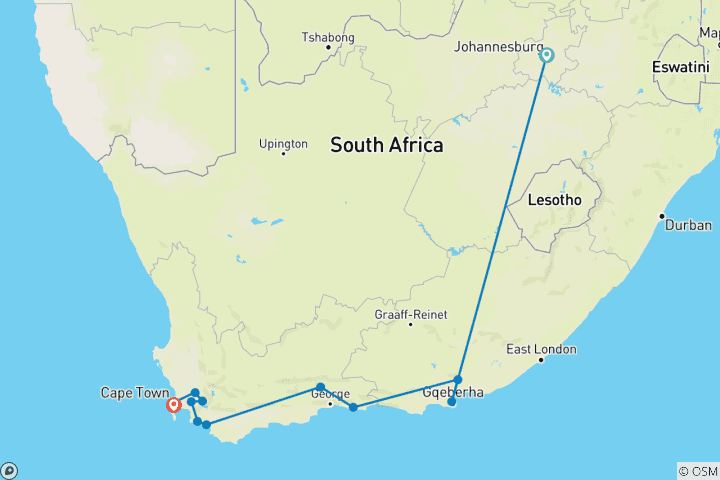 Map of South Africa - explore the Highlights of the Cape Region and Garden Route1 6 Days