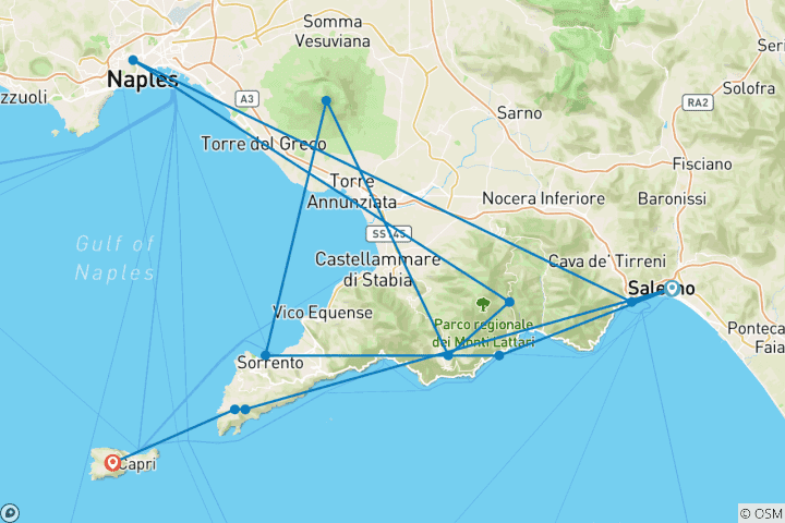 Kaart van De hoge route van de Monti Lattari - Van Cava de' Tirreni naar het einde van het schiereiland van Sorrento (9 dagen)