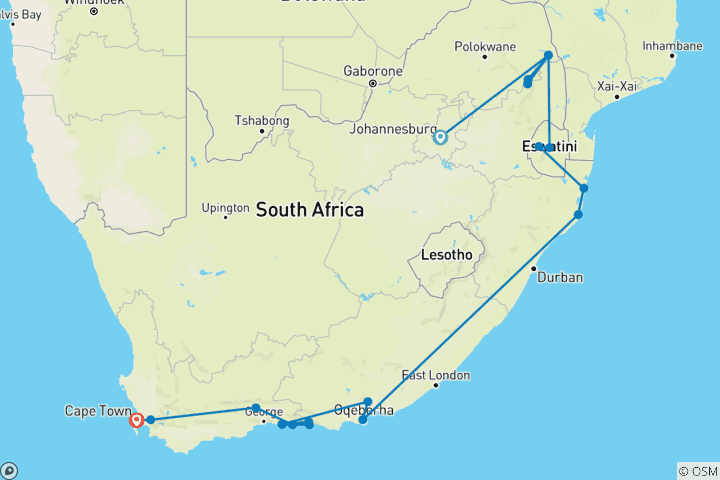 Karte von Südafrikas Highlights erleben (17 Tage)