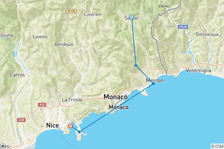 Carte du circuit Côte d'Azur - des villages de montagne de la Roya à la Méditerranée (6 jours)
