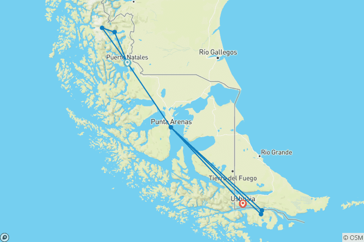 Carte du circuit Terre de Feu & Patagonie - Voyage de trekking vers les montagnes et les glaciers du bout du monde (14 jours)